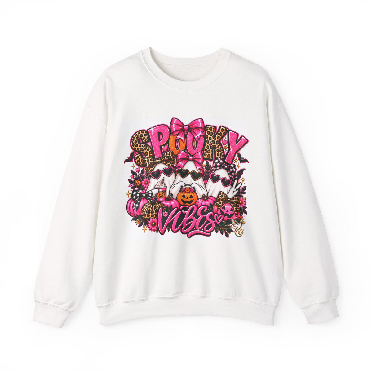 Spooky Vibes Halloween Sweatshirt — Pink Ghosts & Leopard Print Crewneck