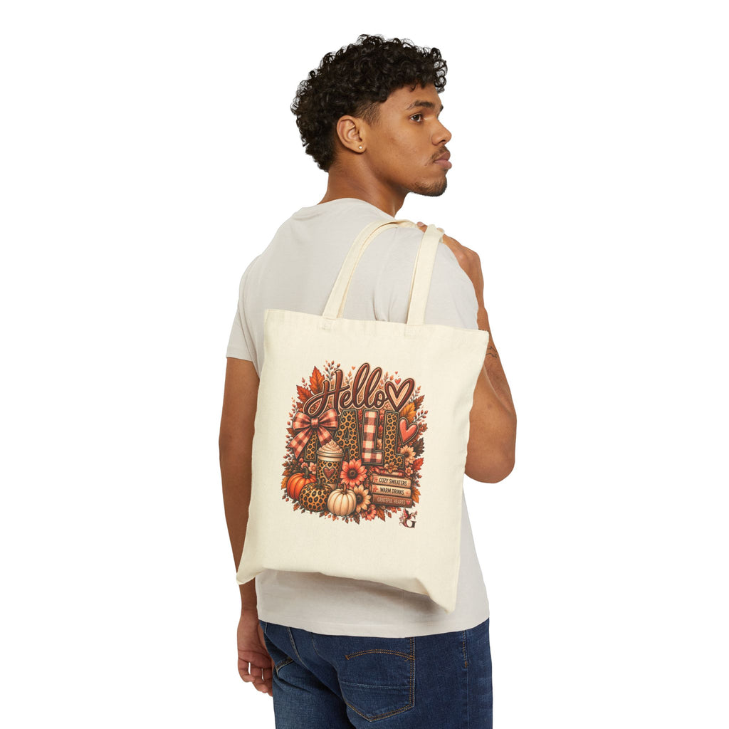 Hello Fall Canvas Tote Bag — Pumpkin & Leopard Autumn Tote