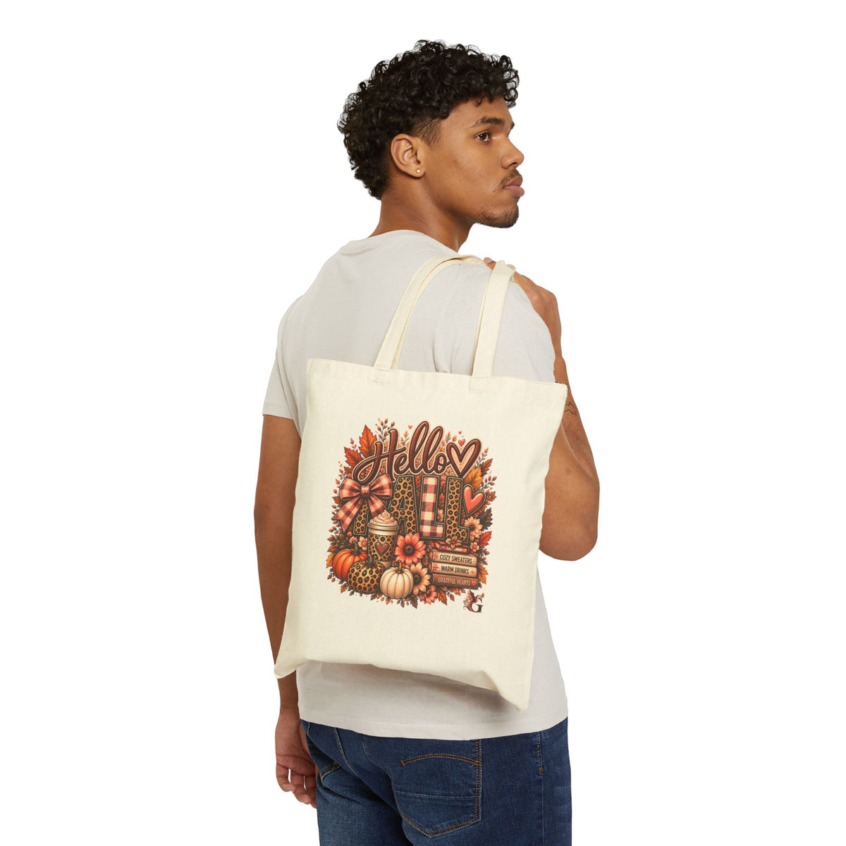 Hello Fall Canvas Tote Bag — Pumpkin & Leopard Autumn Tote