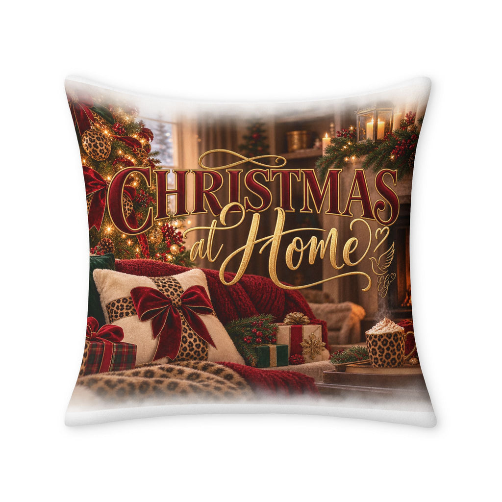 Christmas at Home Throw Pillow Case — Festive Red & Leopard Holiday Decorative Cushion Cover