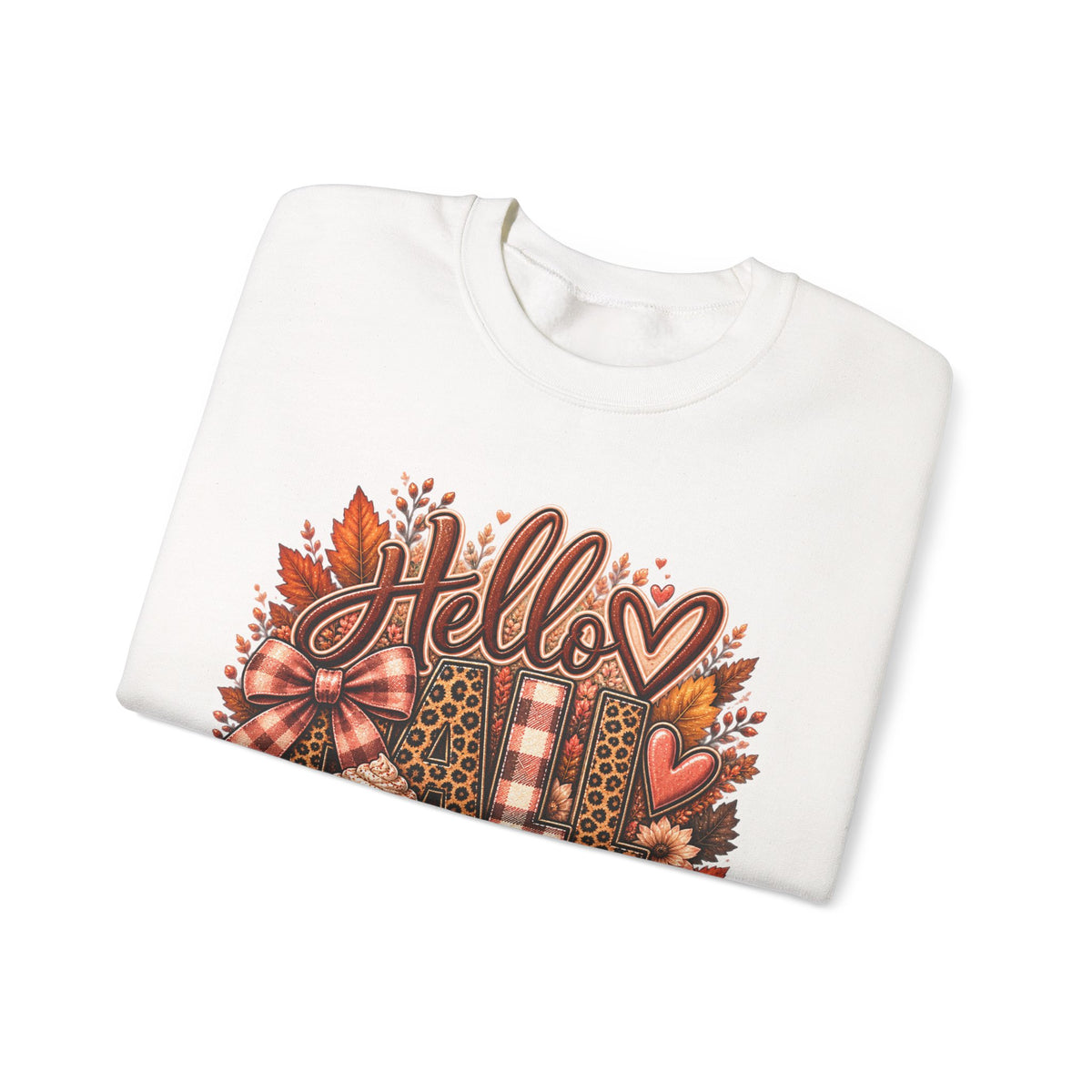 Fall "Hello" Crewneck Sweatshirt — Cozy Autumn Pumpkins & Plaid Leaves