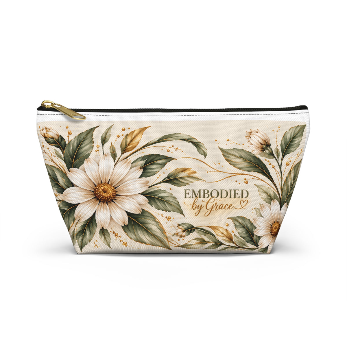 Embodied in Bloom™ Botanical Accessory Pouch — Sage & Gold Daisy Cosmetic Bag
