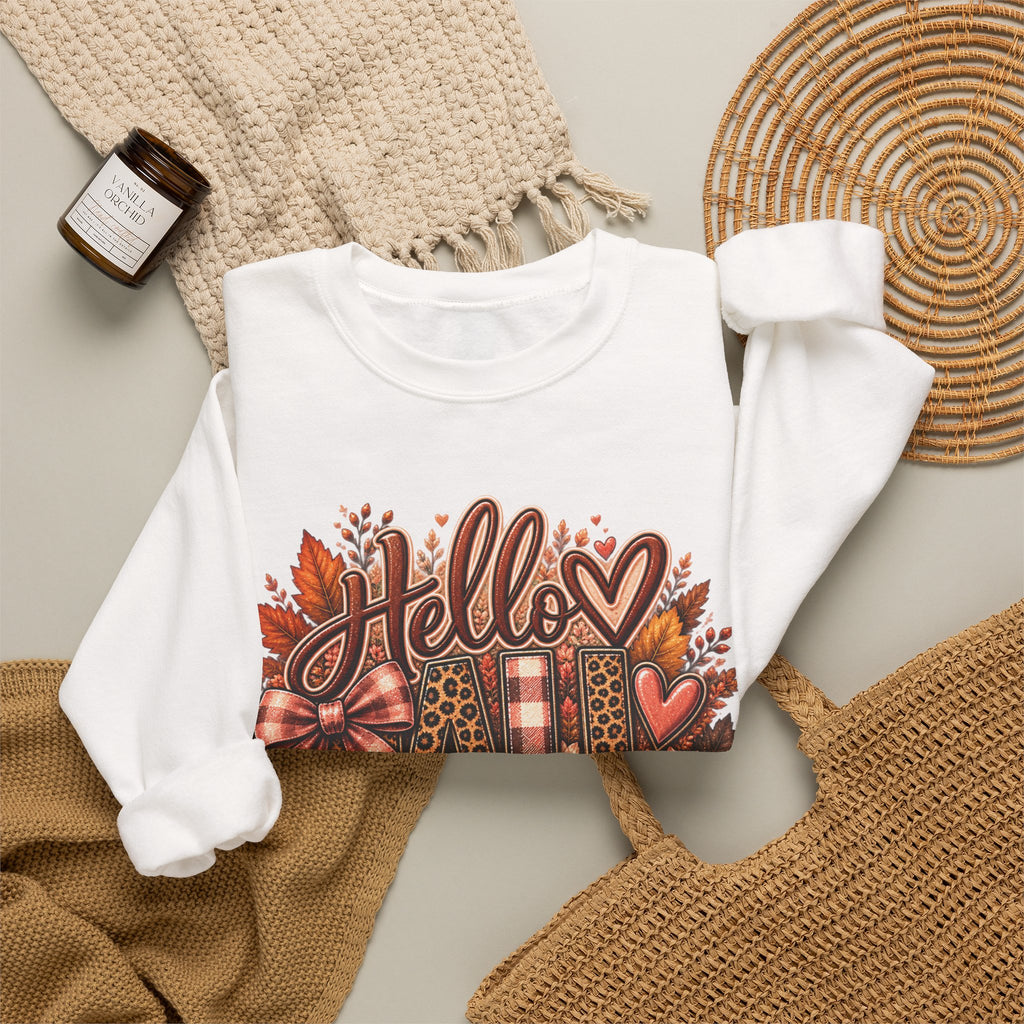 Fall "Hello" Crewneck Sweatshirt — Cozy Autumn Pumpkins & Plaid Leaves