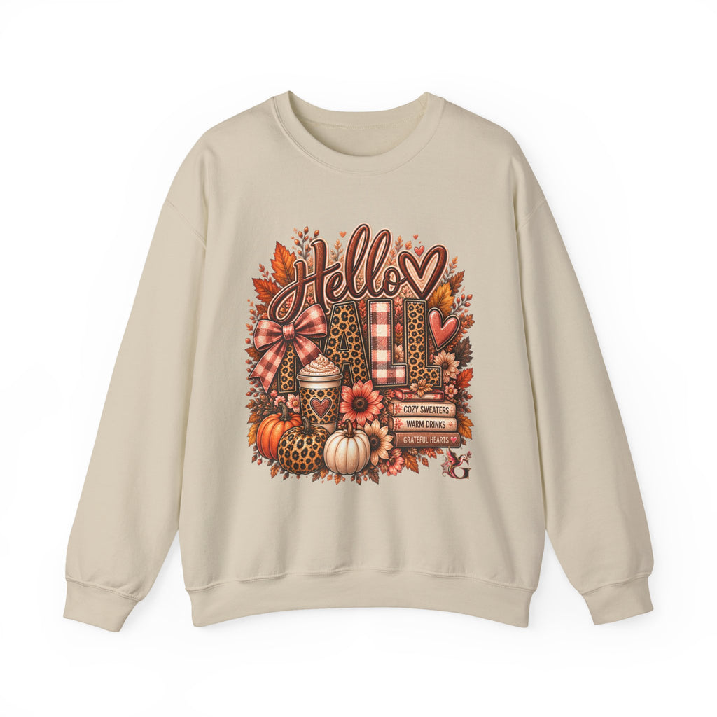 Fall "Hello" Crewneck Sweatshirt — Cozy Autumn Pumpkins & Plaid Leaves