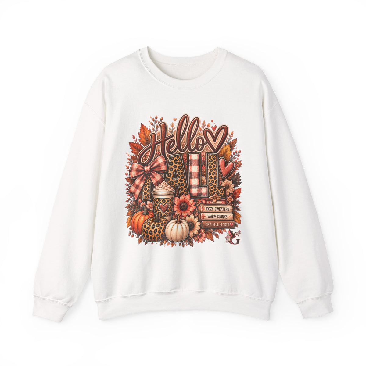 Fall "Hello" Crewneck Sweatshirt — Cozy Autumn Pumpkins & Plaid Leaves