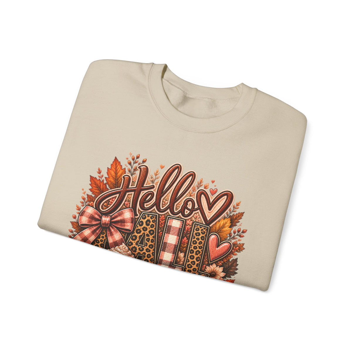 Fall "Hello" Crewneck Sweatshirt — Cozy Autumn Pumpkins & Plaid Leaves