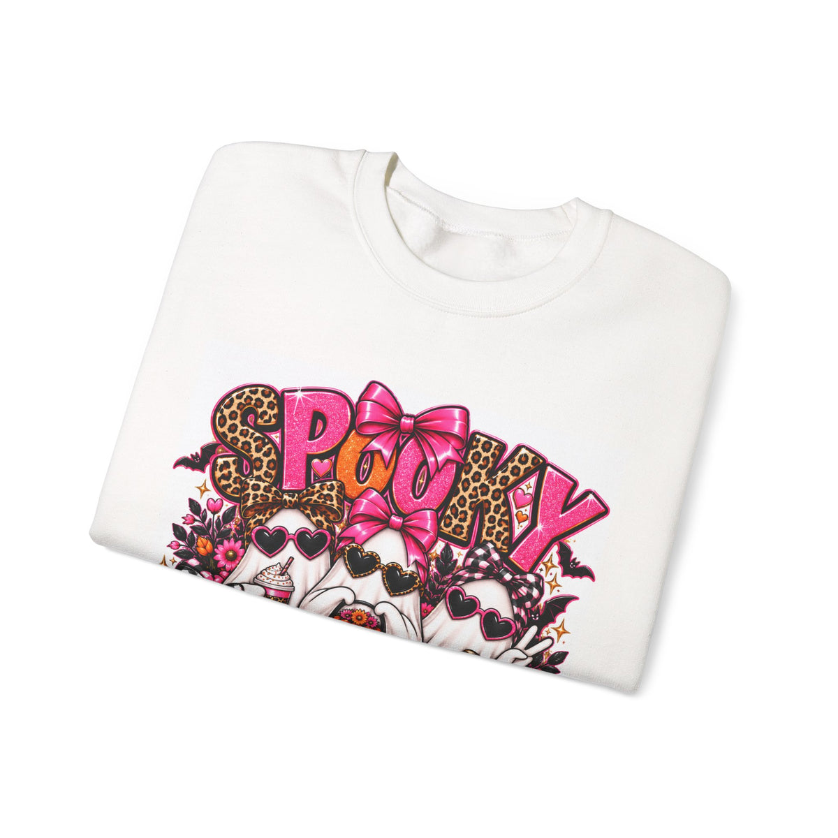 Spooky Vibes Halloween Sweatshirt — Pink Ghosts & Leopard Print Crewneck