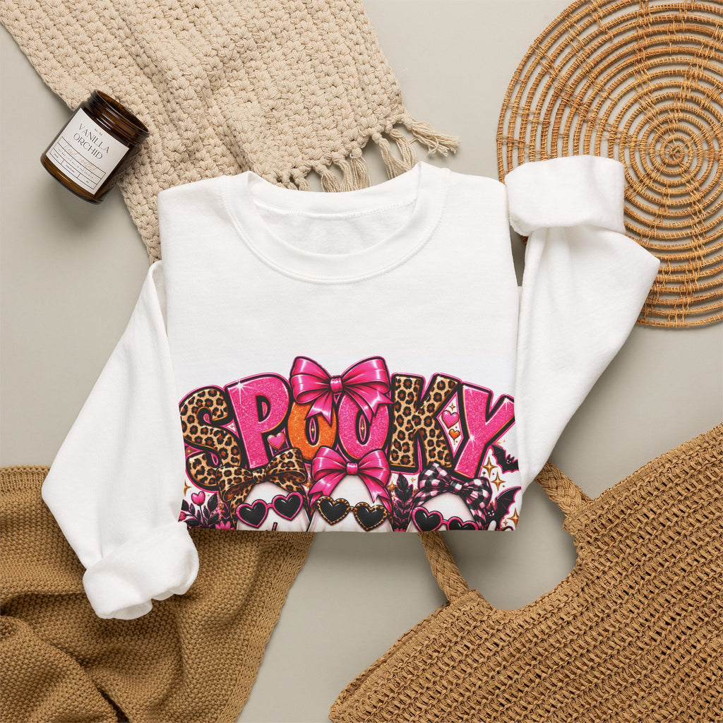 Spooky Vibes Halloween Sweatshirt — Pink Ghosts & Leopard Print Crewneck