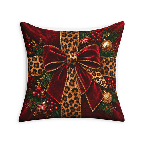 Christmas at Home Throw Pillow Case — Festive Red & Leopard Holiday Decorative Cushion Cover