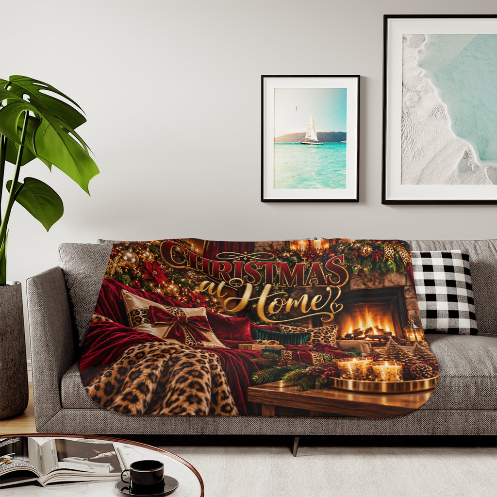 Christmas at Home Sherpa Blanket — Cozy Holiday Throw with Fireplace & Gifts Design