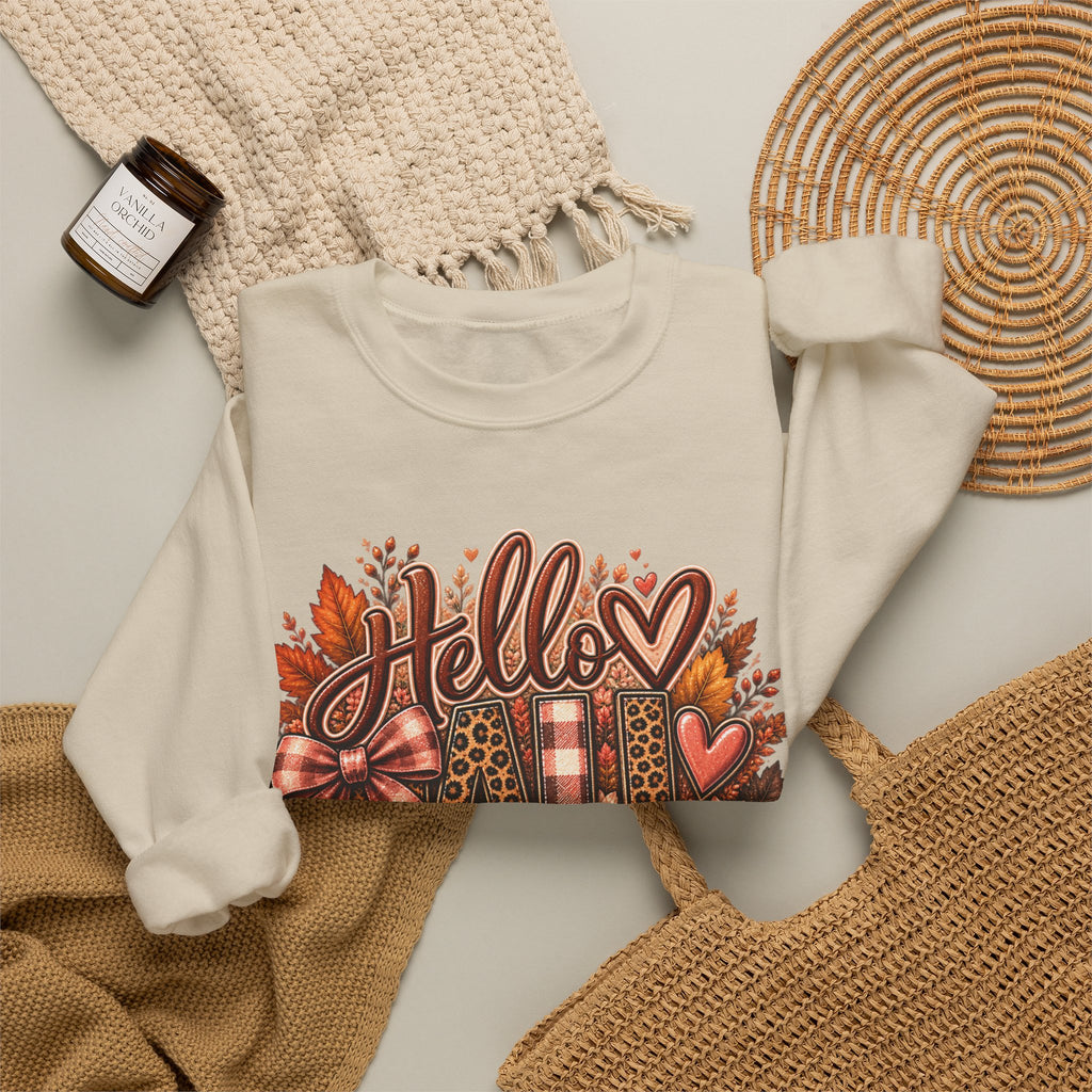 Fall "Hello" Crewneck Sweatshirt — Cozy Autumn Pumpkins & Plaid Leaves