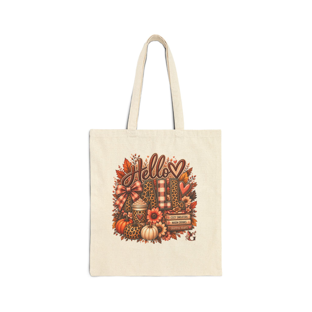 Hello Fall Canvas Tote Bag — Pumpkin & Leopard Autumn Tote