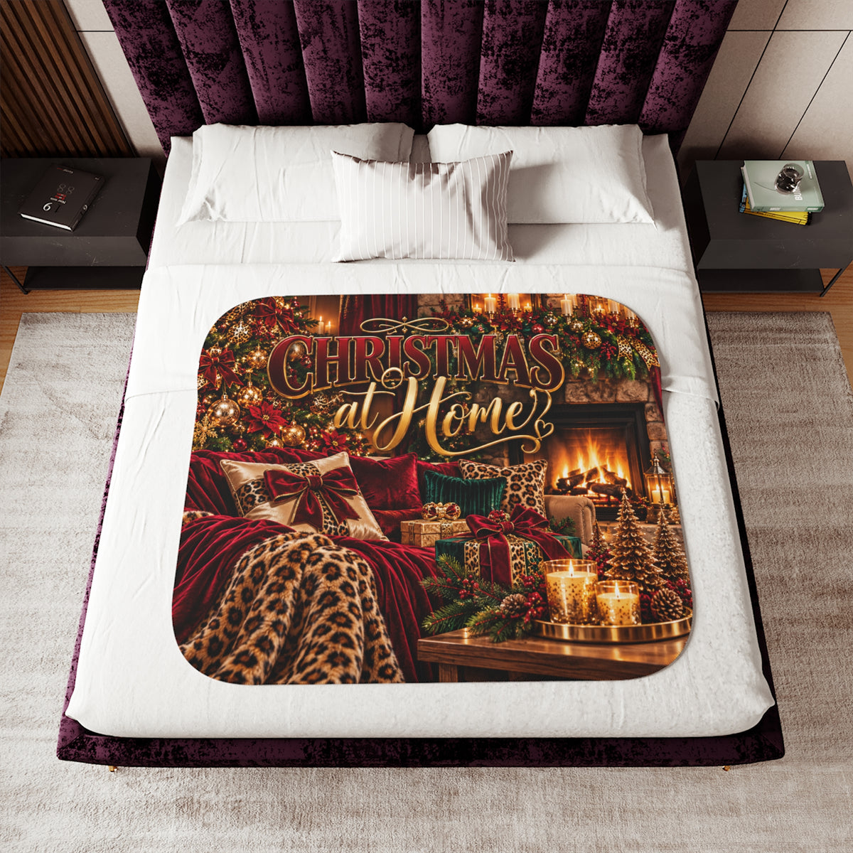Christmas at Home Sherpa Blanket — Cozy Holiday Throw with Fireplace & Gifts Design